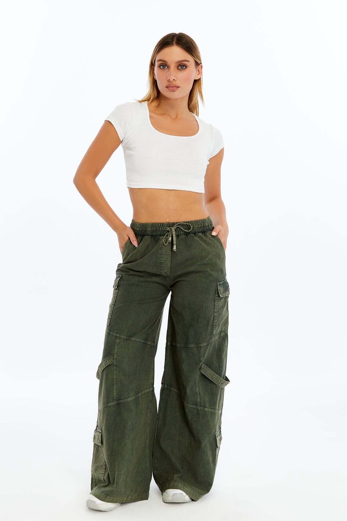 High Waist Flare Legs   Women Stone Washed Cotton Trouser