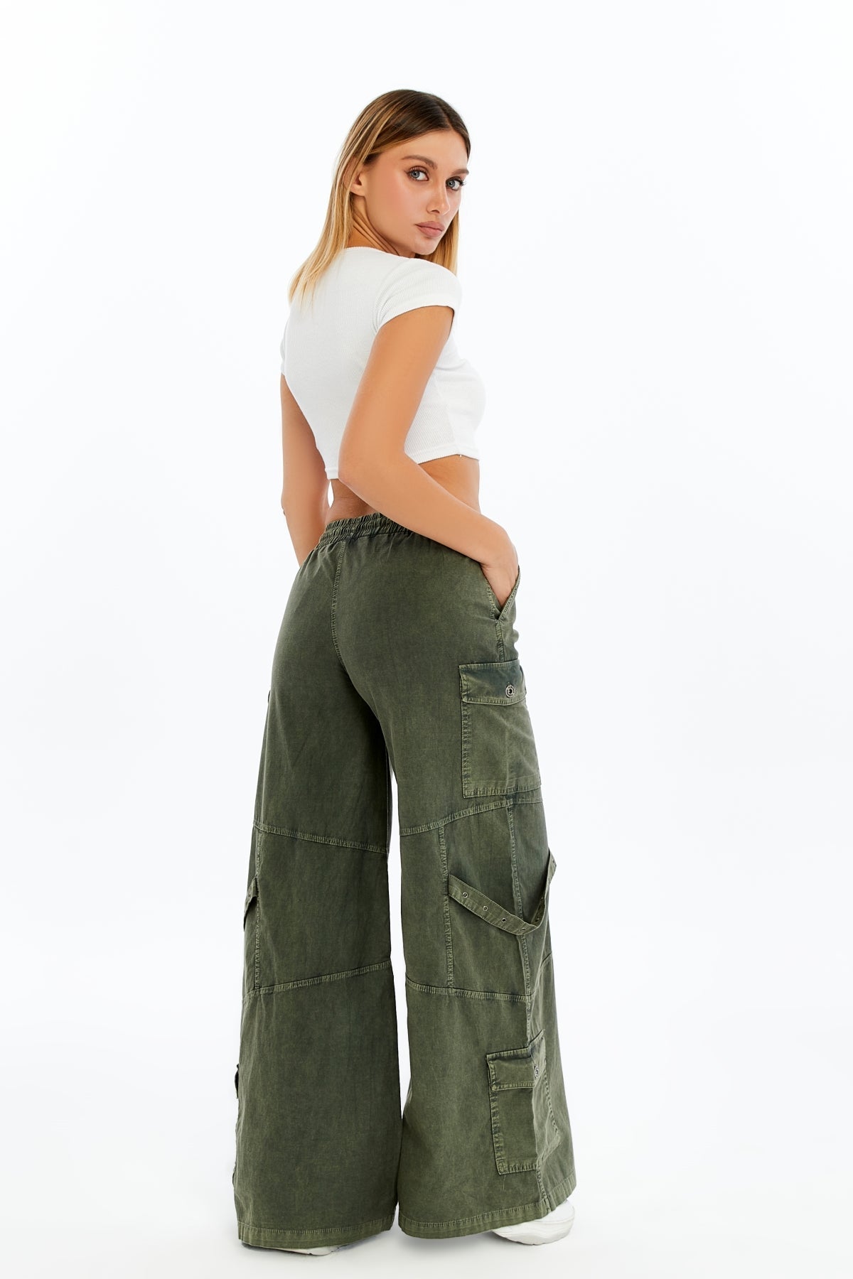 High Waist Flare Legs   Women Stone Washed Cotton Trouser
