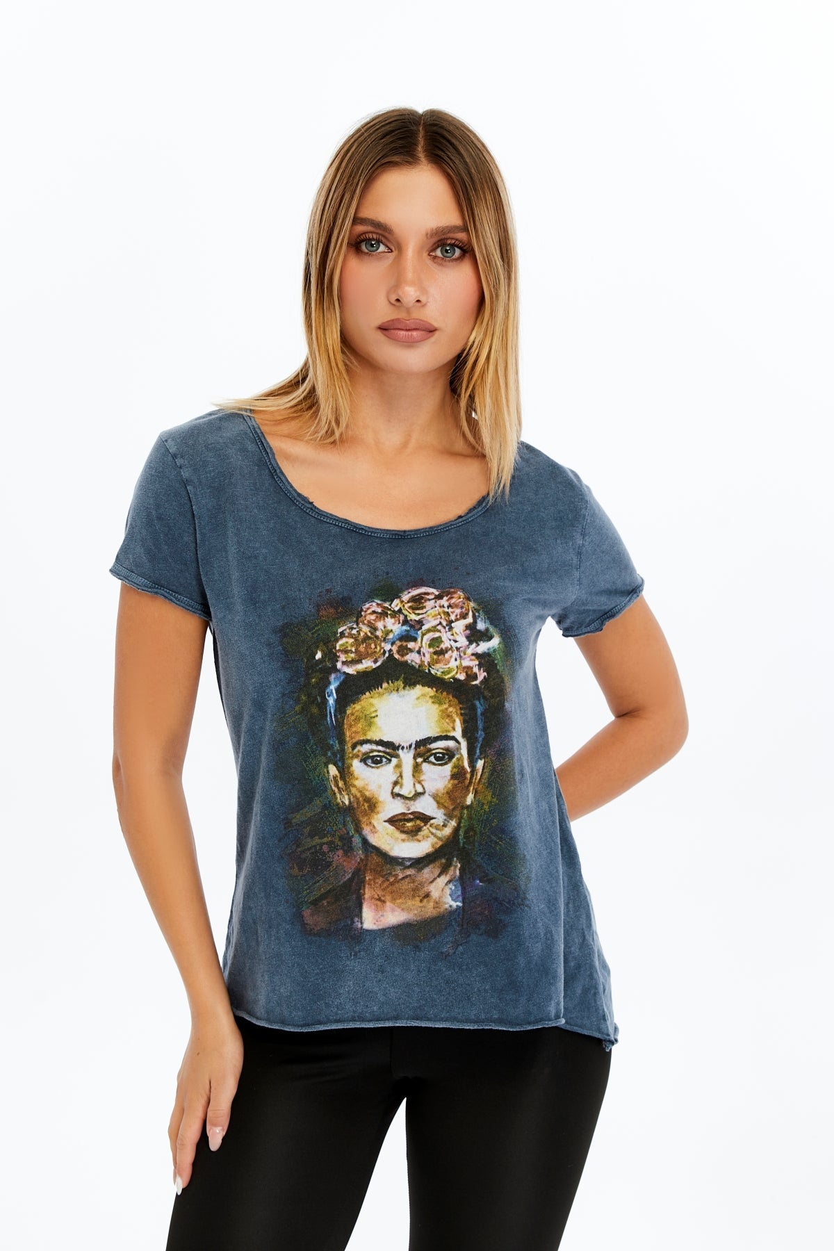 Stone Washed Frida Khlo Printed Cotton Women Scoop Neck T-shirt