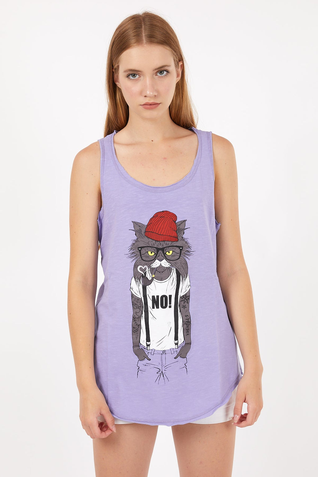 Lilac Red Hat Cat Animal Cotton Women Vest Tank Top S-Ponder