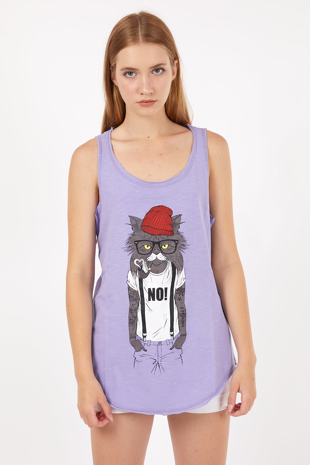 Lilac Red Hat Cat Animal Cotton Women Vest Tank Top S-Ponder