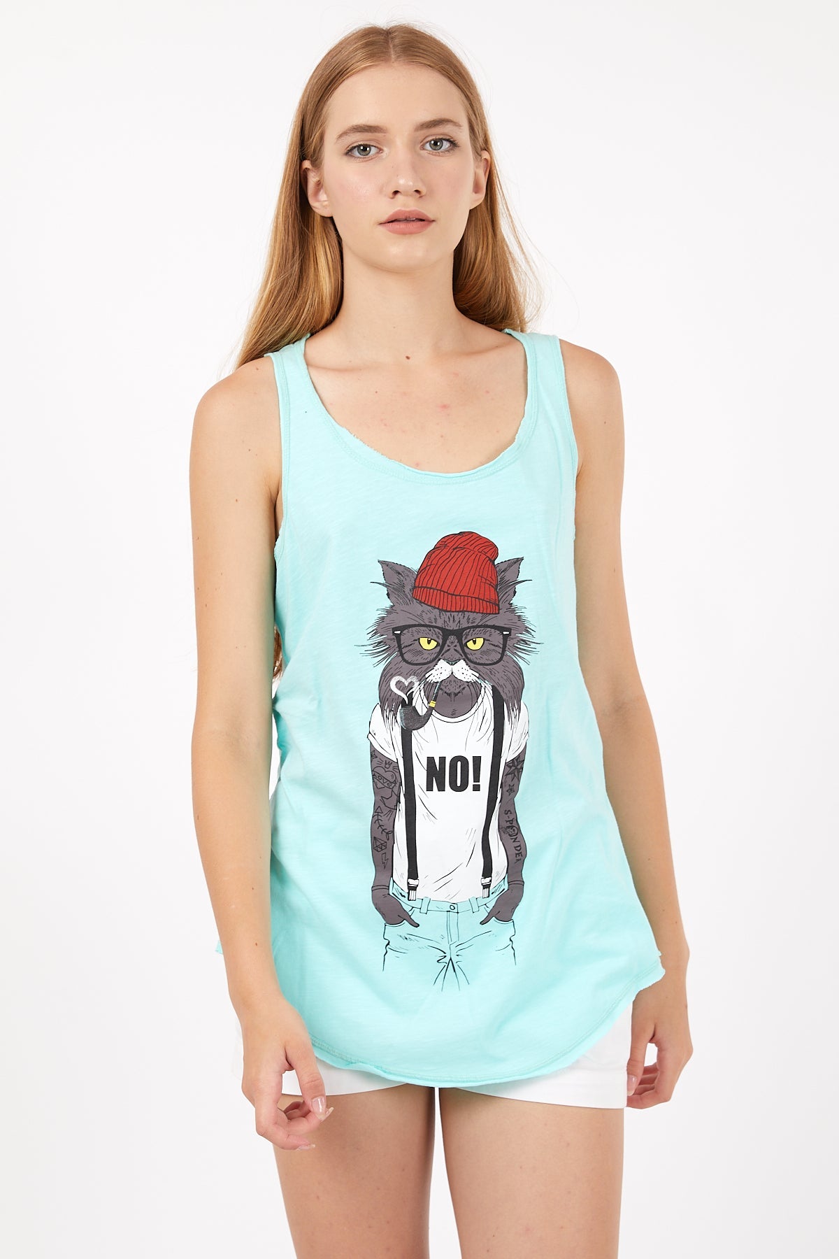 Blue Red Hat Cat Animal Cotton Women Vest
