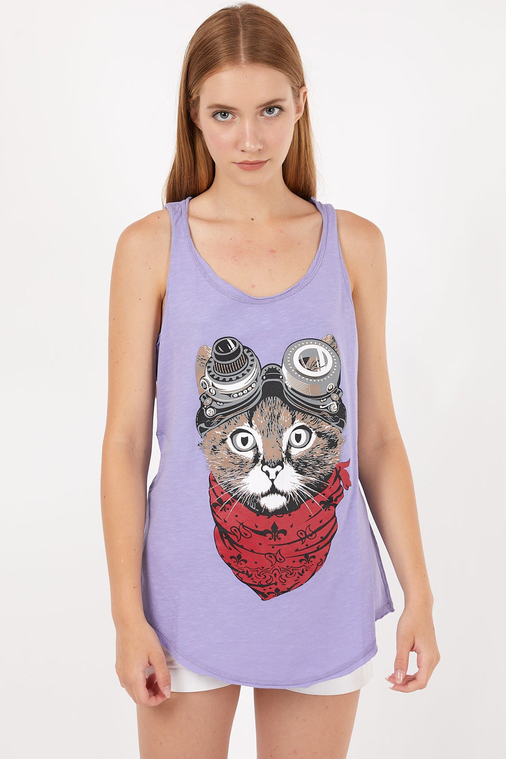 Lilac Google Cat Animal Cotton Women Vest Tank Top S-ponder
