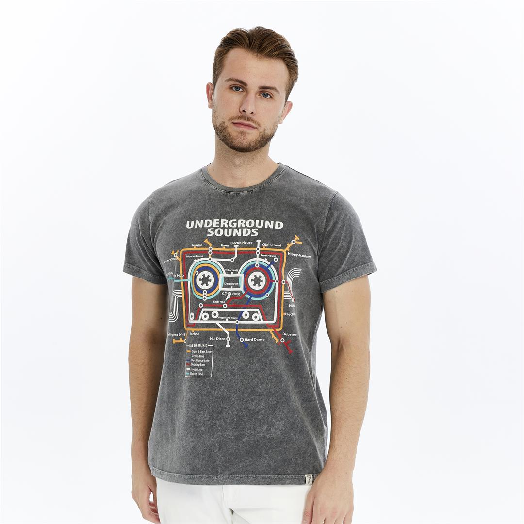Acid Washed  Underground Sound Printed  Cotton   T-Shirt