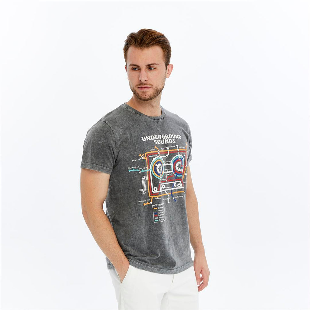 Acid Washed  Underground Sound Printed  Cotton   T-Shirt