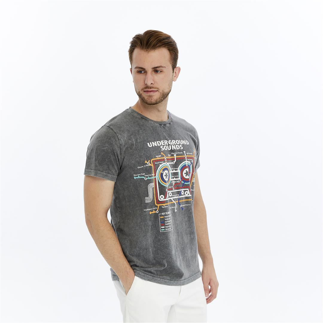 Acid Washed  Underground Sound Printed  Cotton   T-Shirt