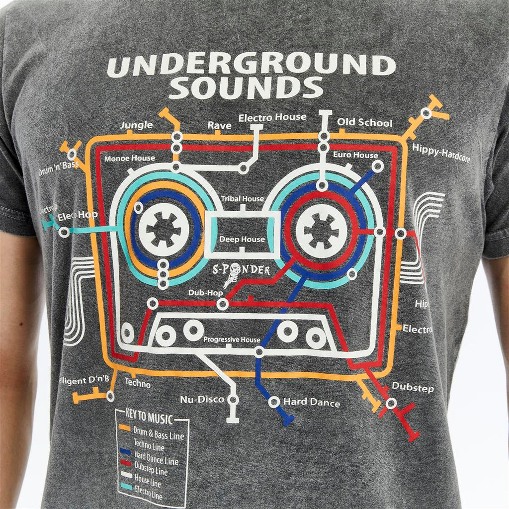 Acid Washed  Underground Sound Printed  Cotton   T-Shirt