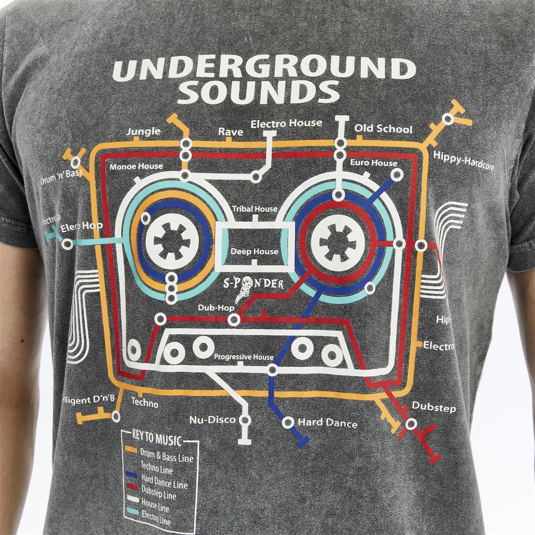 Acid Washed  Underground Sound Printed  Cotton   T-Shirt
