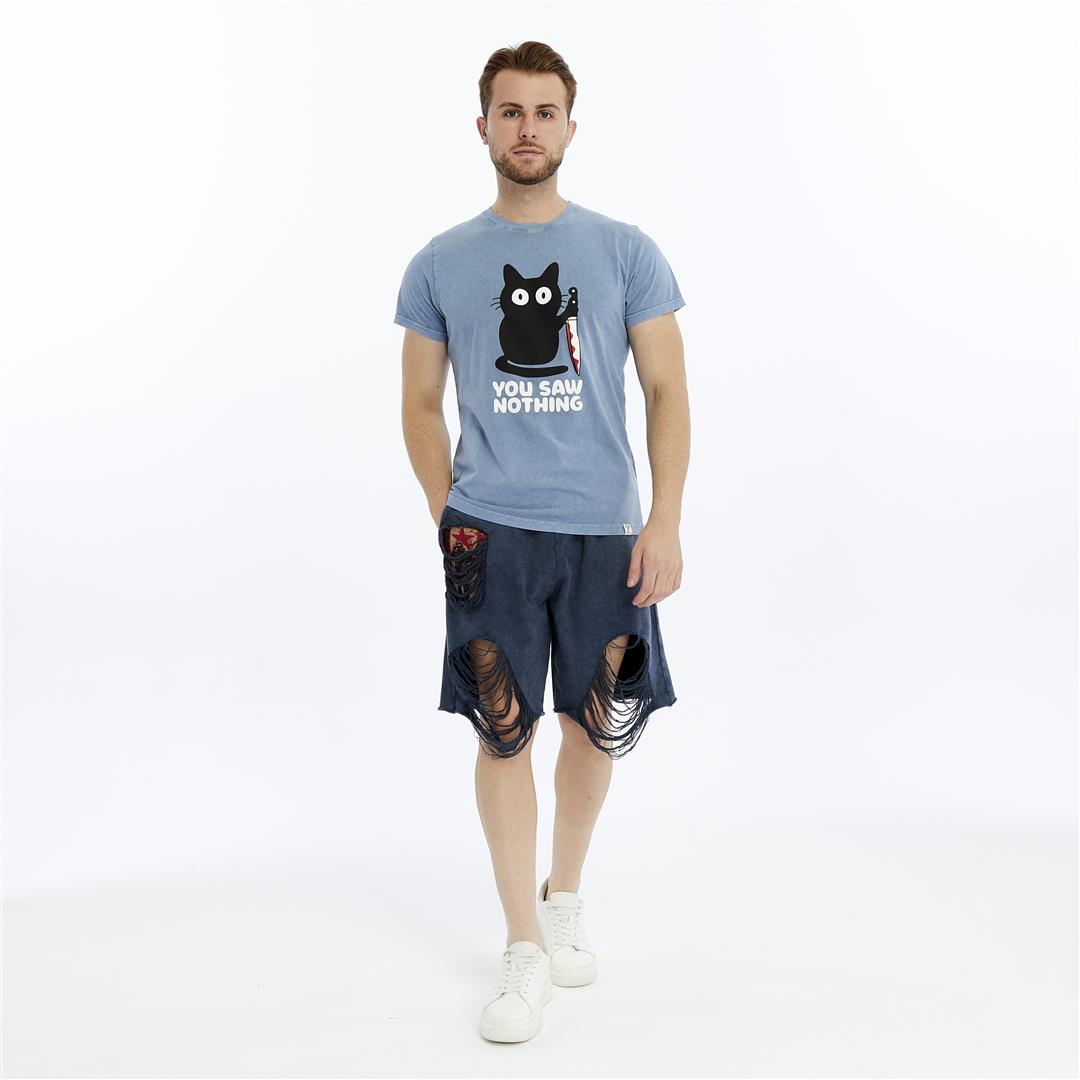 Stone Washed Effect YOU SAW NOTHING CAT  Printed Cotton  T-shirt