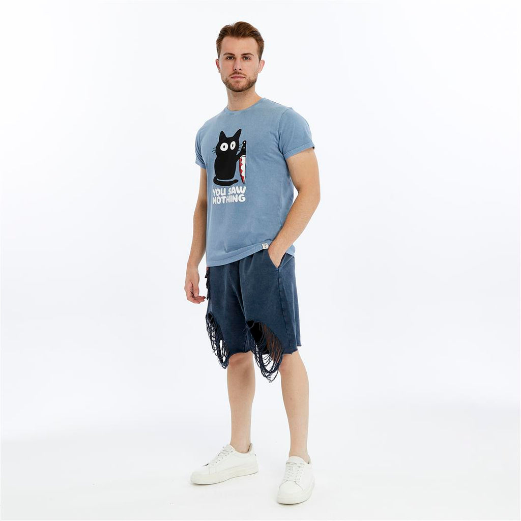 Acid Washed  YOU SAW NOTHING CAT  Printed Cotton  T-shirt