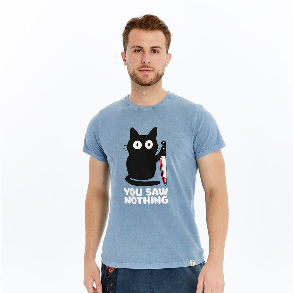 Acid Washed  YOU SAW NOTHING CAT  Printed Cotton  T-shirt