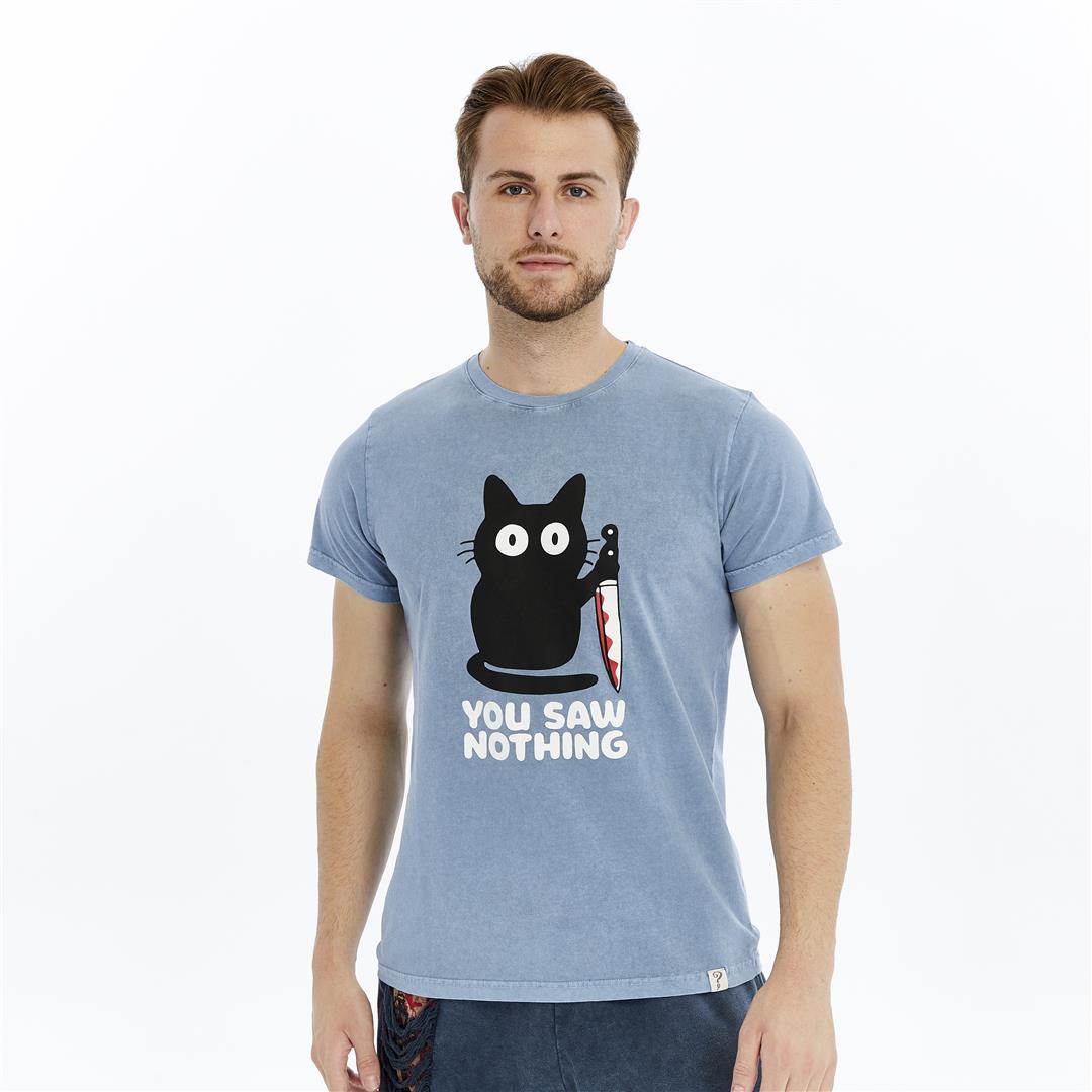 Acid Washed  YOU SAW NOTHING CAT  Printed Cotton  T-shirt