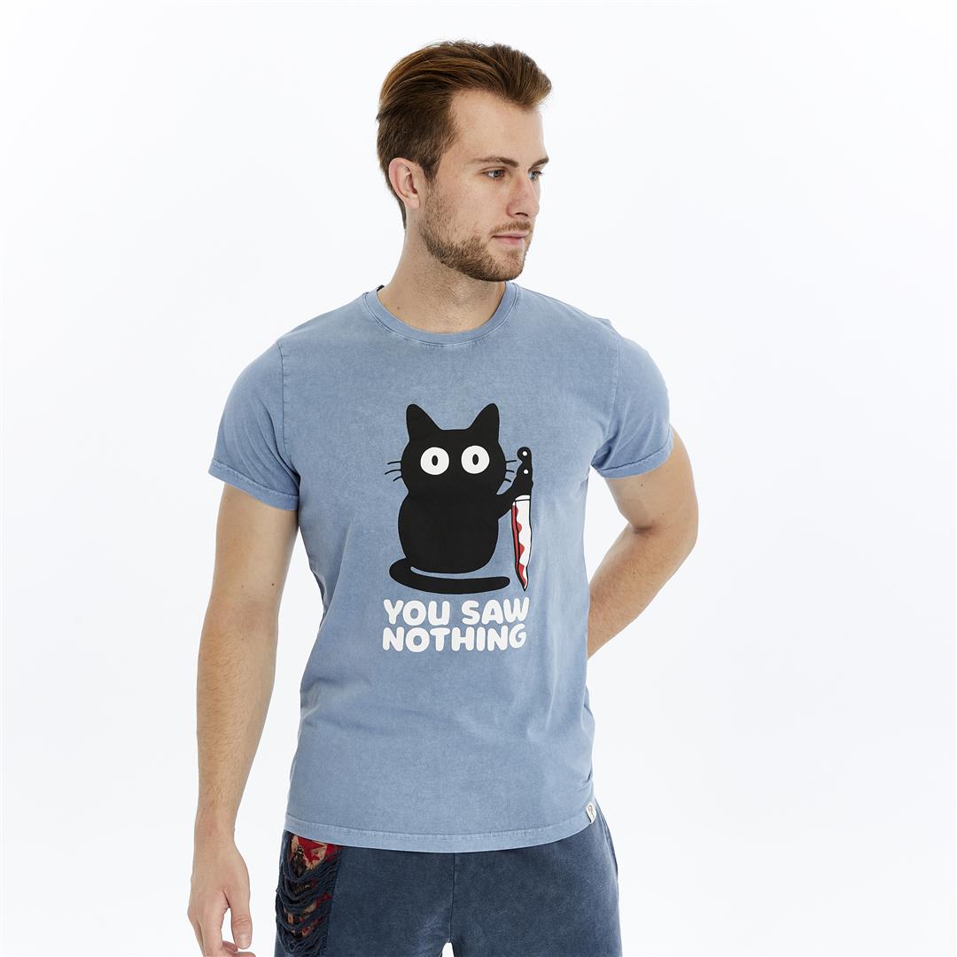 Stone Washed Effect YOU SAW NOTHING CAT  Printed Cotton  T-shirt