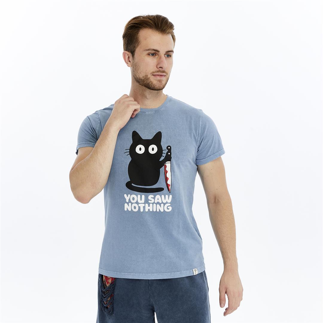 Stone Washed Effect YOU SAW NOTHING CAT  Printed Cotton  T-shirt