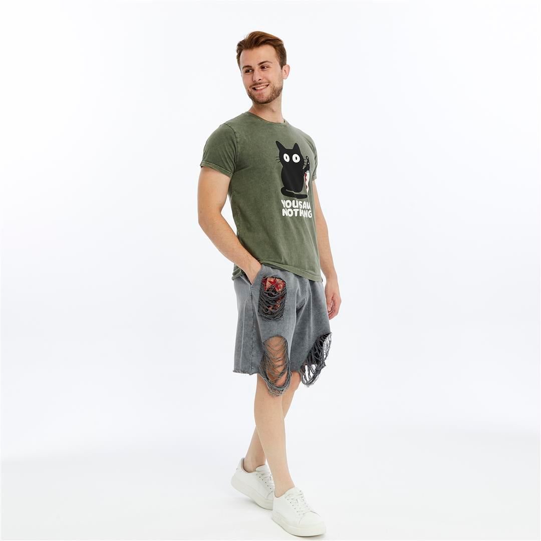 Stone Washed Effect YOU SAW NOTHING CAT  Printed Cotton  T-shirt