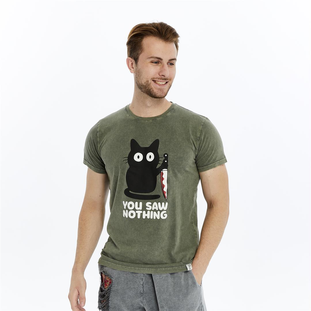Stone Washed Effect YOU SAW NOTHING CAT  Printed Cotton  T-shirt