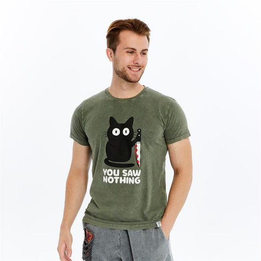 Stone Washed Effect YOU SAW NOTHING CAT  Printed Cotton  T-shirt