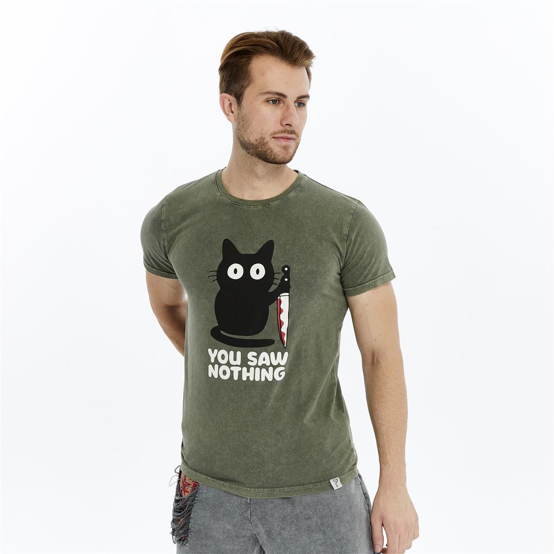 Stone Washed Effect YOU SAW NOTHING CAT  Printed Cotton  T-shirt