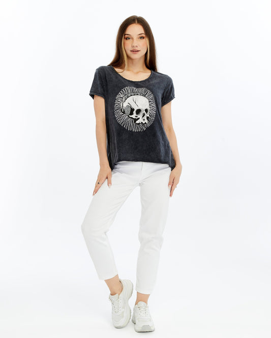 Stone Washed  HEAD PHONE SKULL  Gothic   Print Scoop Neck Women's T-Shirt