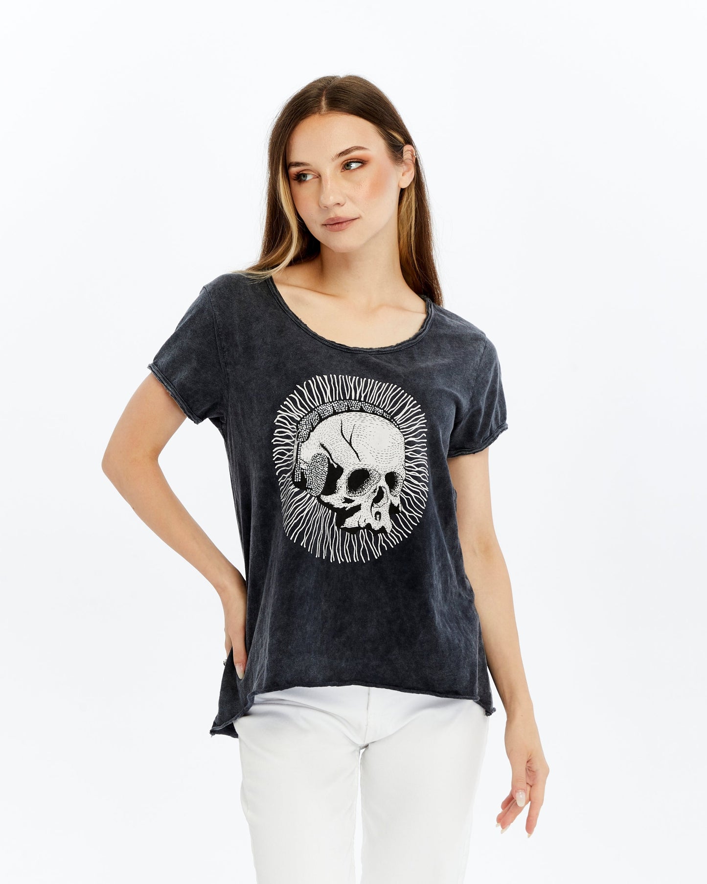 Stone Washed  HEAD PHONE SKULL  Gothic   Print Scoop Neck Women's T-Shirt