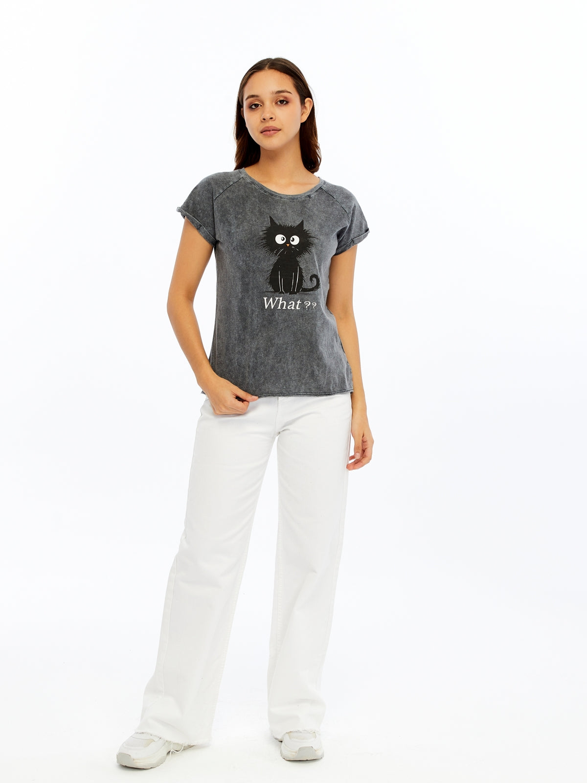Stone washed Cat & What Printed Cotton Women T-shirt