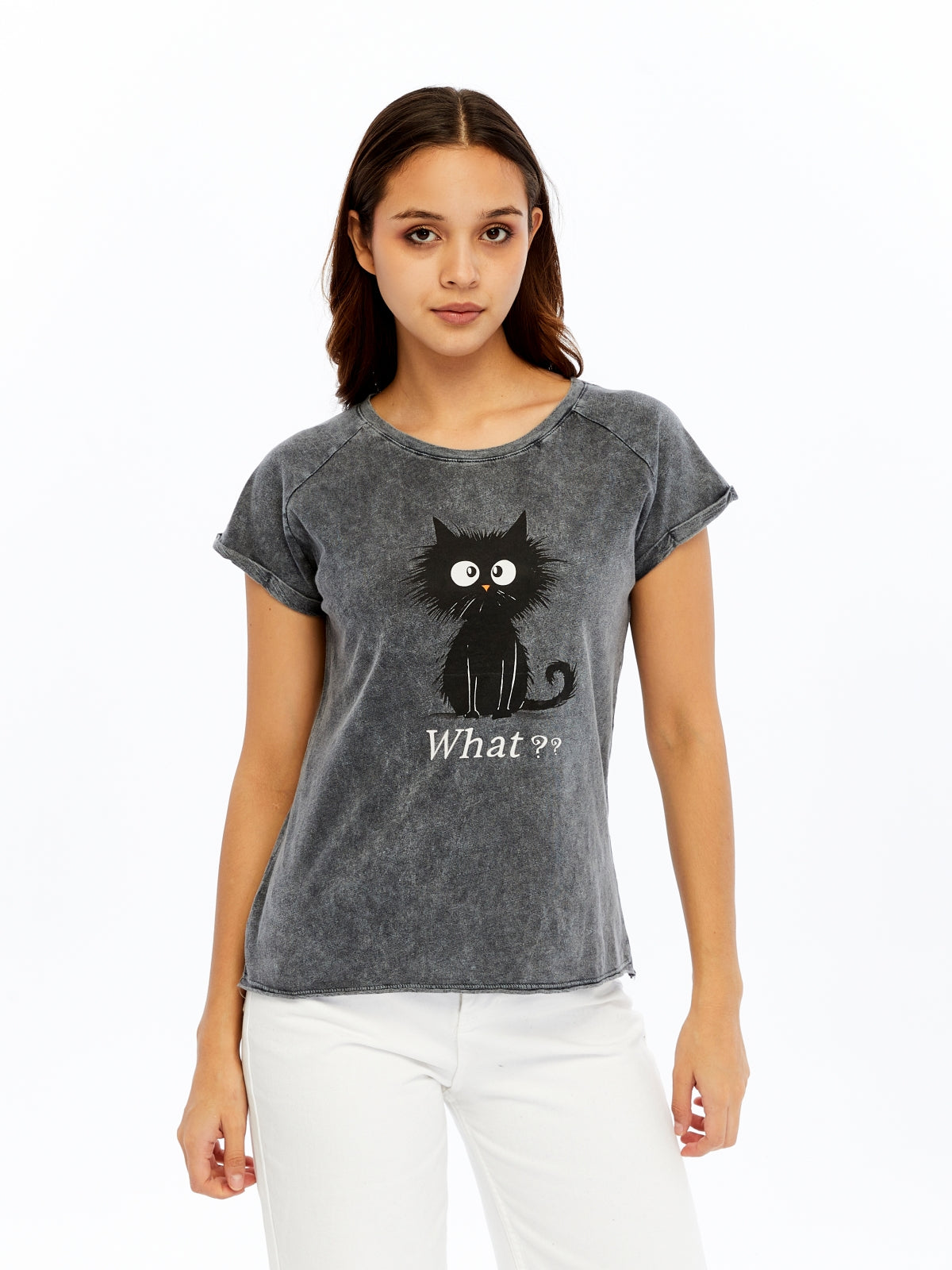 Stone washed Cat & What Printed Cotton Women T-shirt