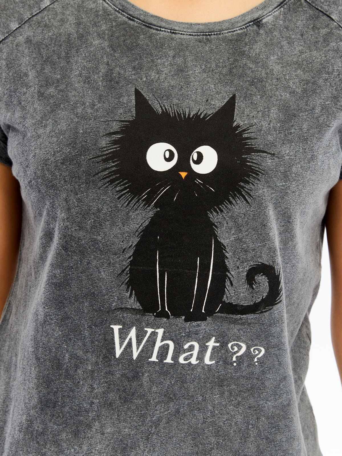 Stone washed Cat & What Printed Cotton Women T-shirt