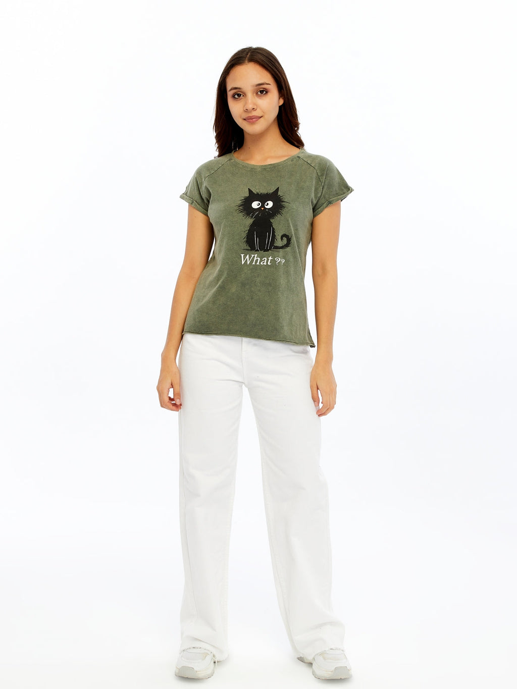 Stone washed Cat & What Printed Cotton Women T-shirt