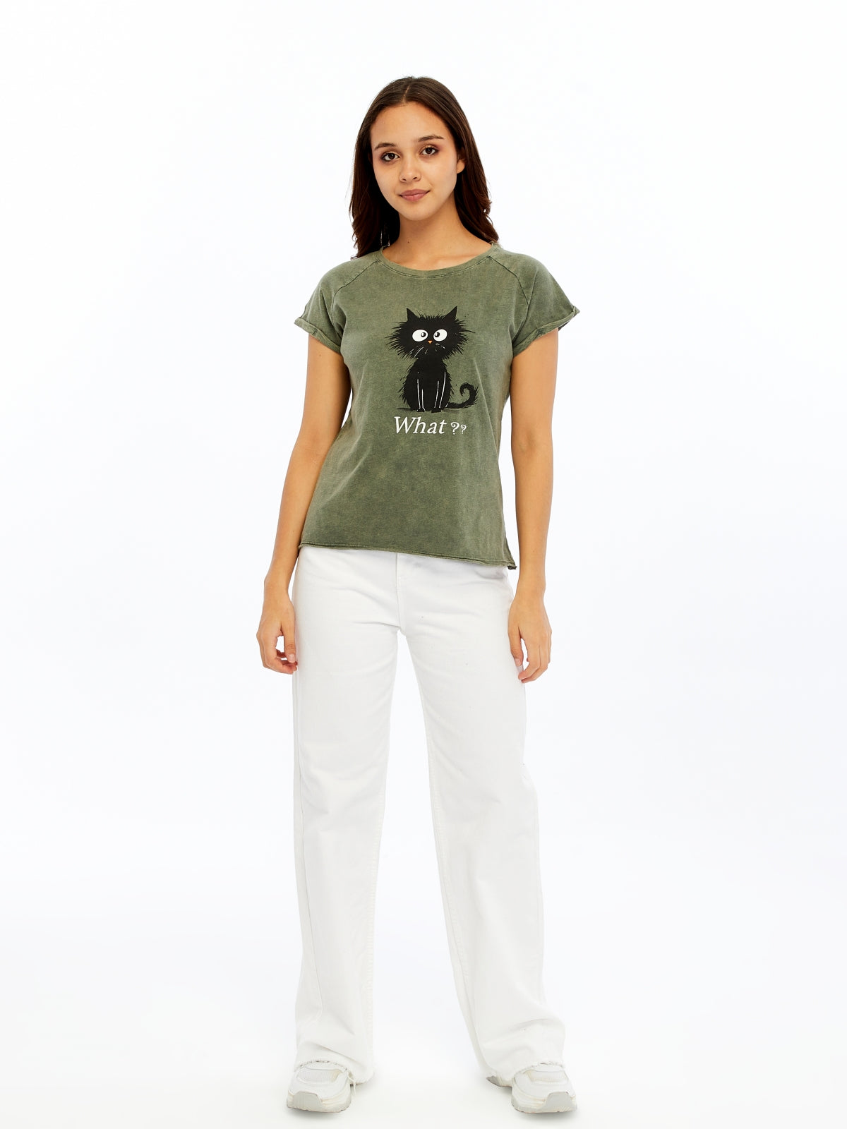Stone washed Cat & What Printed Cotton Women T-shirt