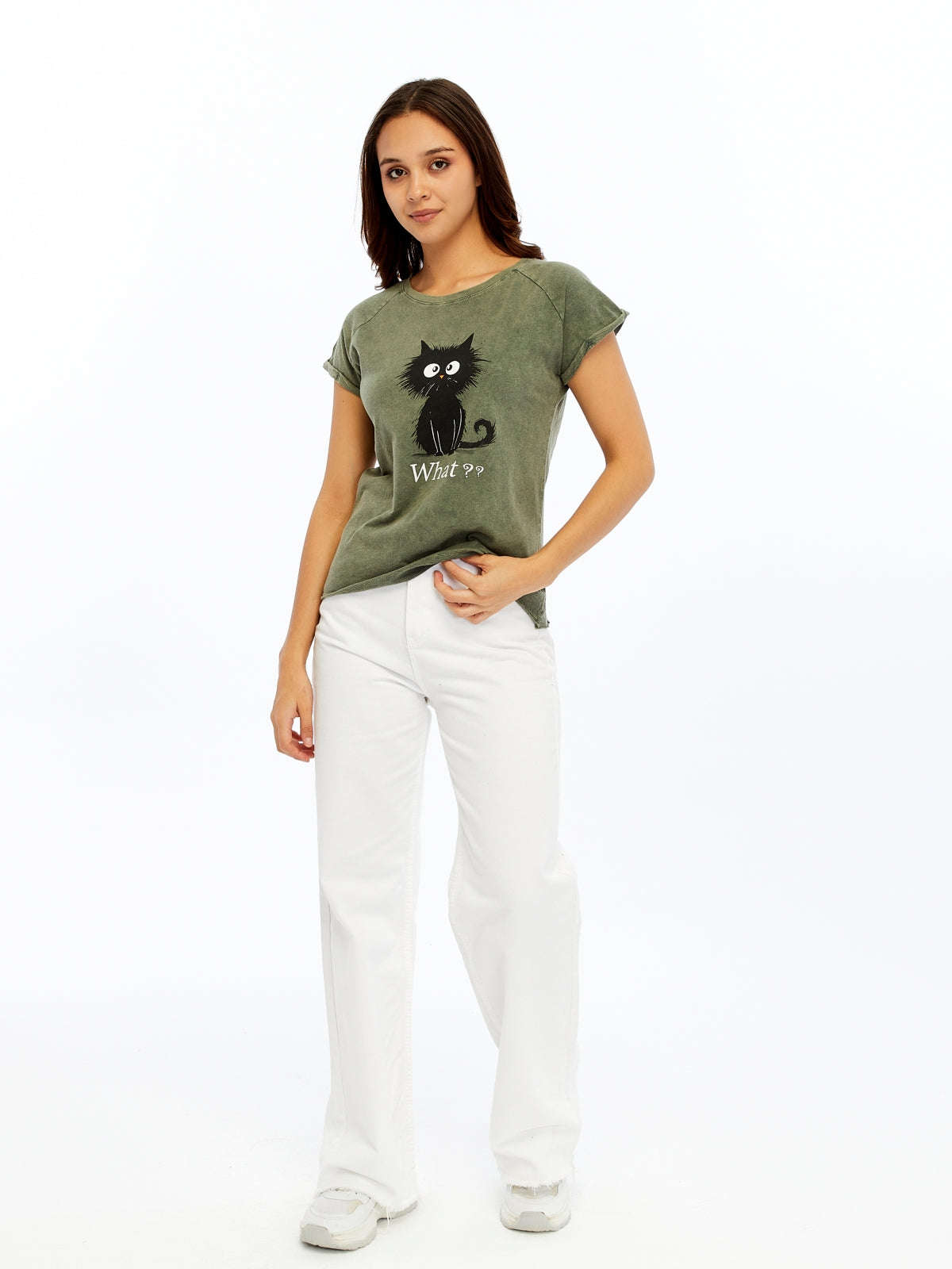 Stone washed Cat & What Printed Cotton Women T-shirt