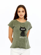 Stone washed Cat & What Printed Cotton Women T-shirt