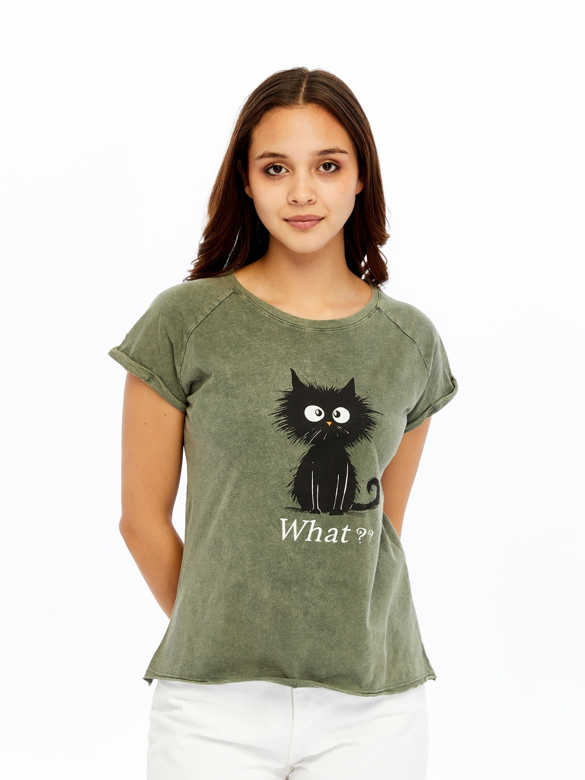 Stone washed Cat & What Printed Cotton Women T-shirt