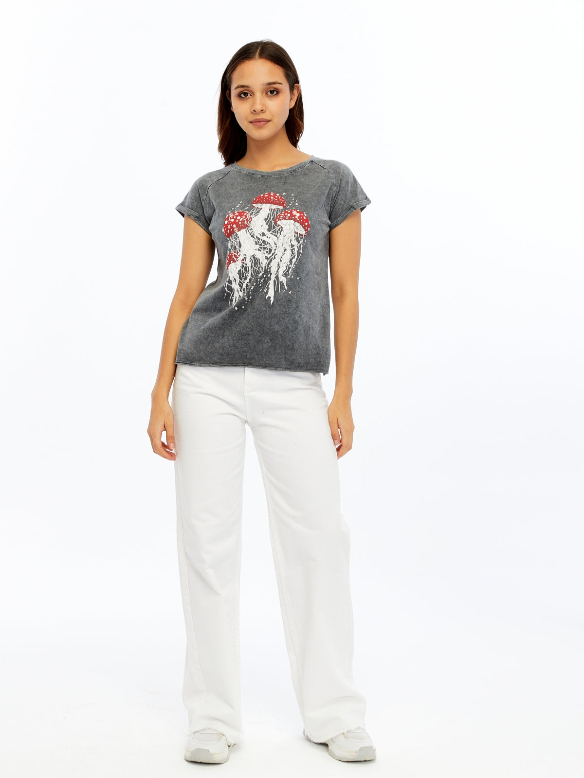 Stone Washed Jelly Fish Mushroom  Cotton Women T-shirt