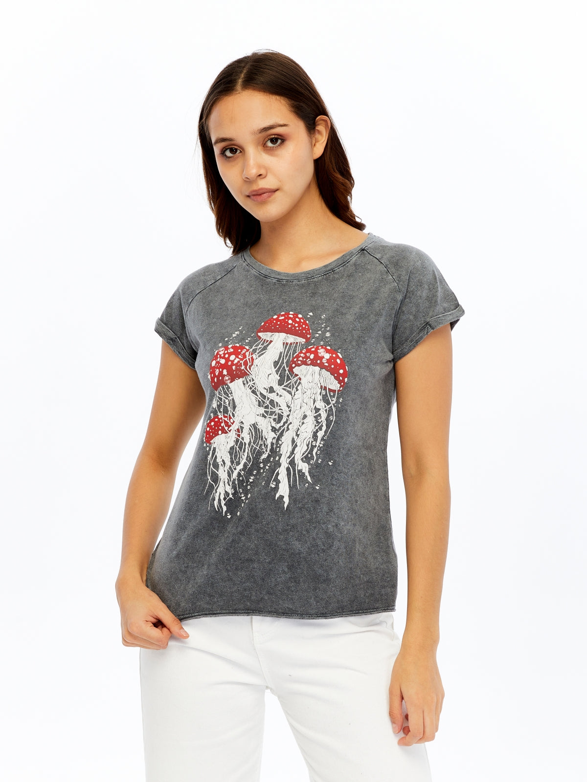 Stone Washed Jelly Fish Mushroom  Cotton Women T-shirt