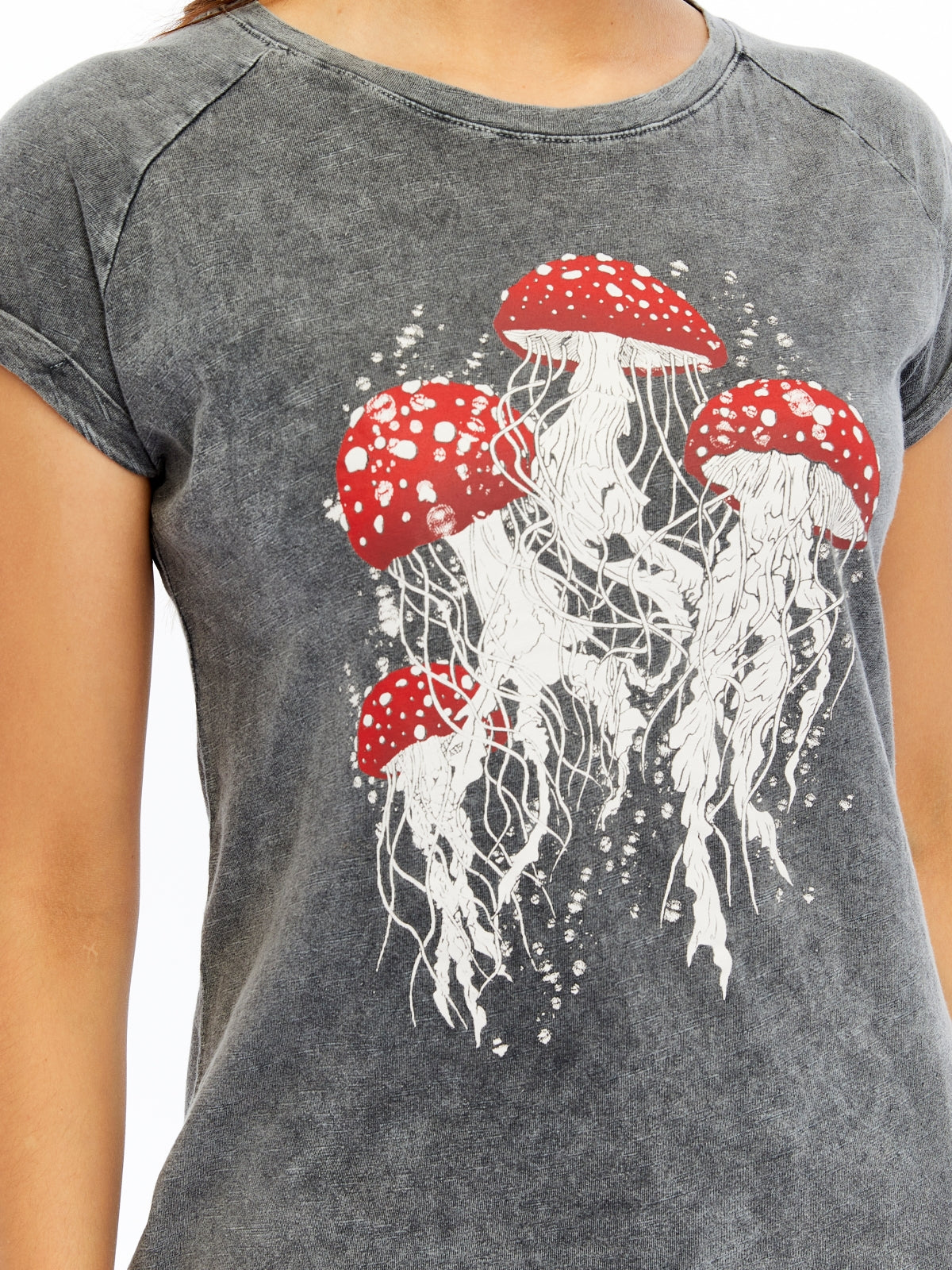 Stone Washed Jelly Fish Mushroom  Cotton Women T-shirt