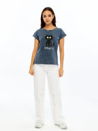 Stone washed Cat & What Printed Cotton Women T-shirt