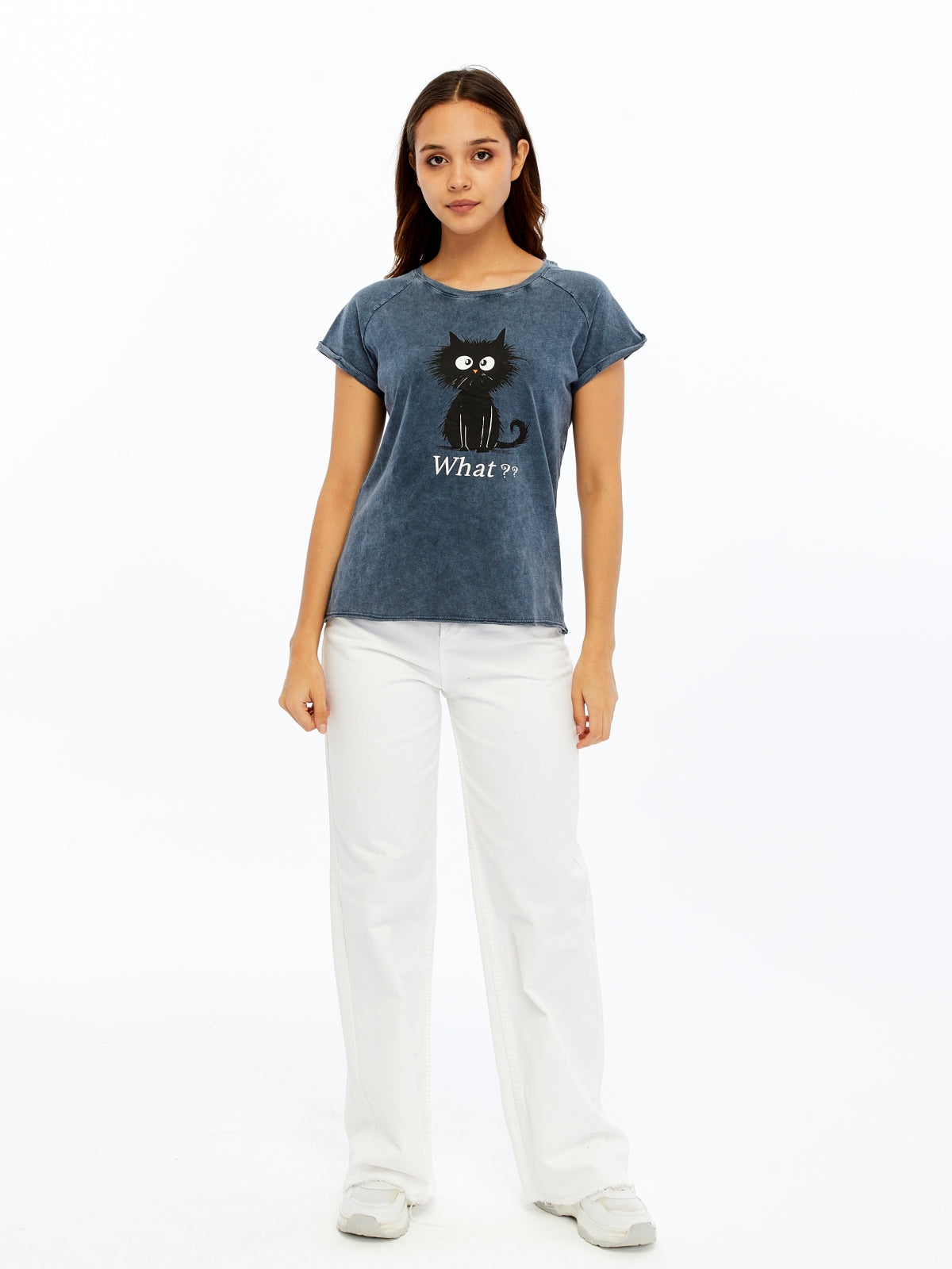 Stone washed Cat & What Printed Cotton Women T-shirt