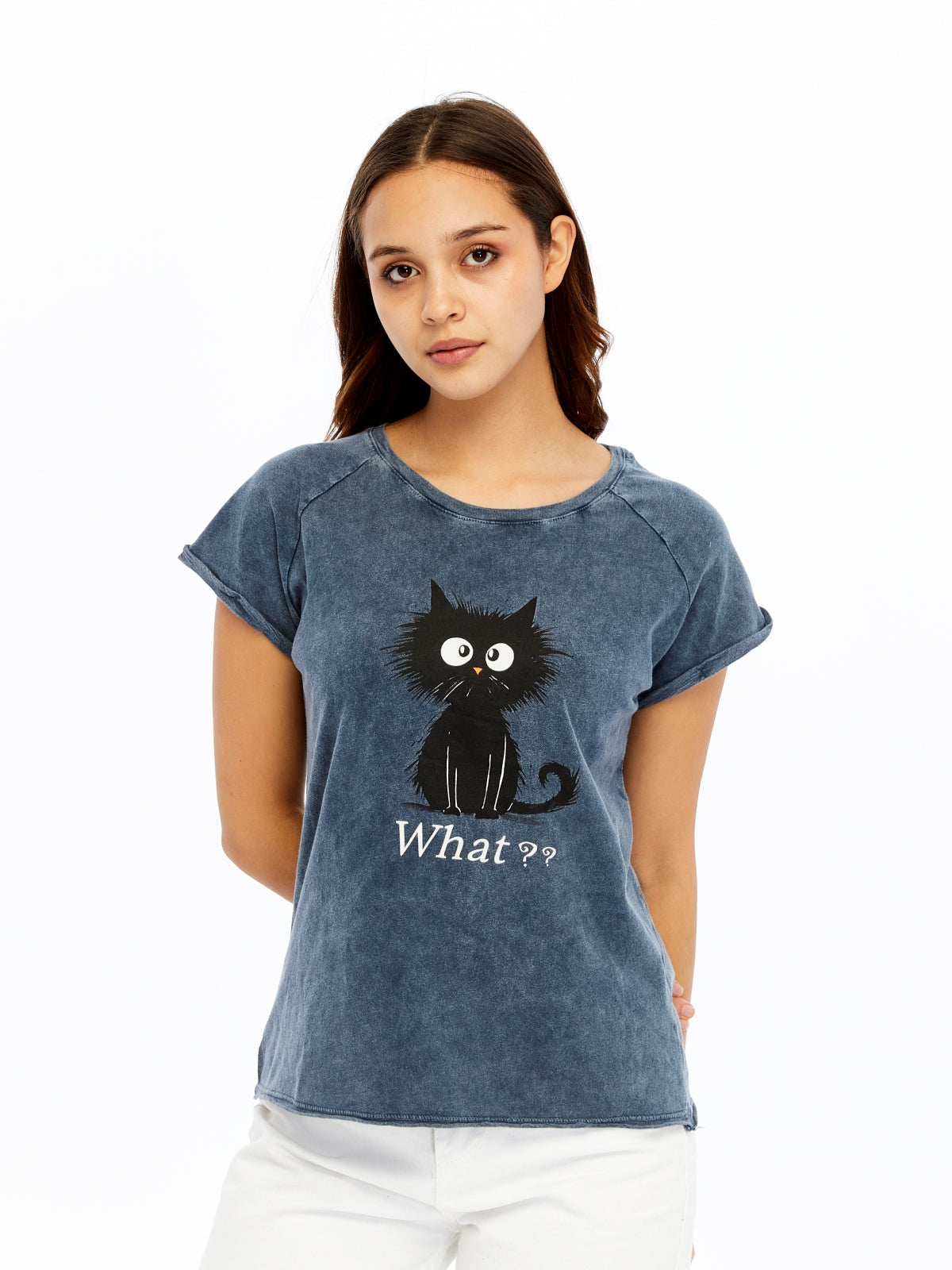 Stone washed Cat & What Printed Cotton Women T-shirt