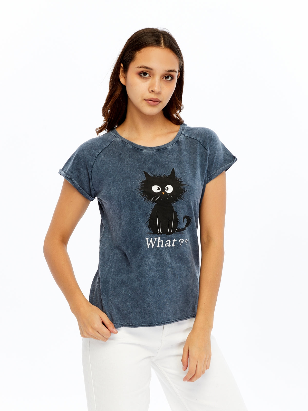 Stone washed Cat & What Printed Cotton Women T-shirt