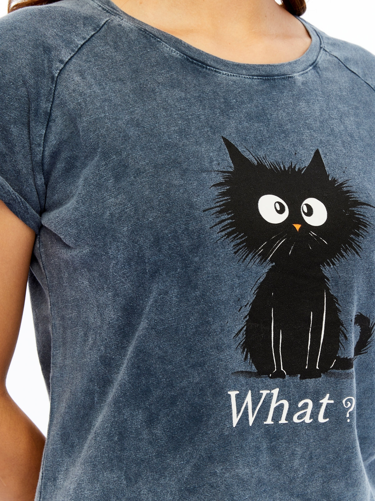 Stone washed Cat & What Printed Cotton Women T-shirt