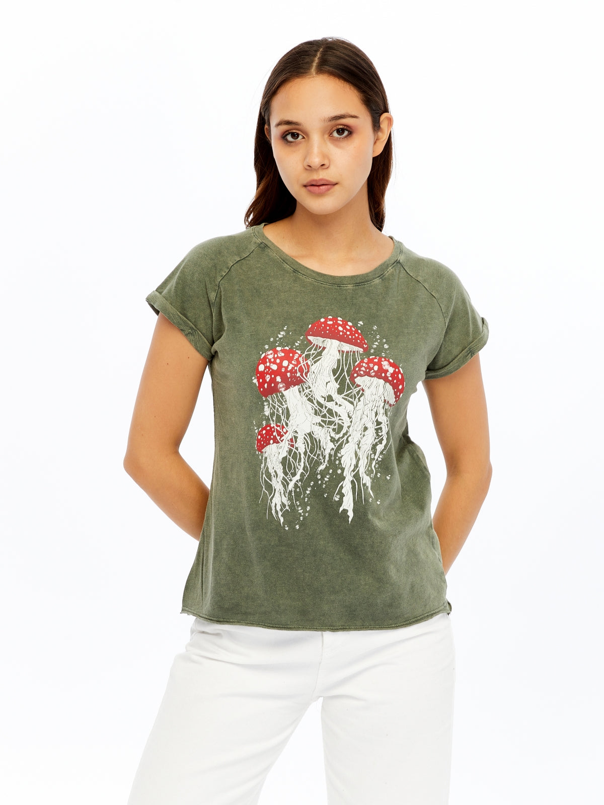 Stone Washed Jelly Fish Mushroom  Cotton Women T-shirt