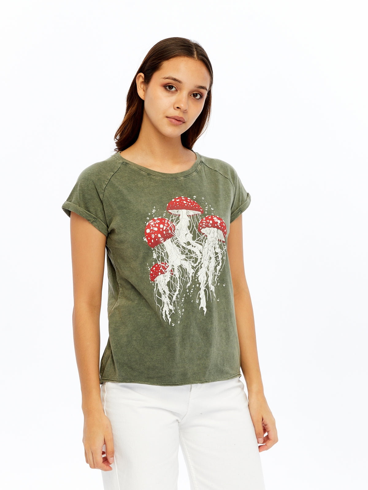 Stone Washed Jelly Fish Mushroom  Cotton Women T-shirt