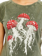 Stone Washed Jelly Fish Mushroom  Cotton Women T-shirt
