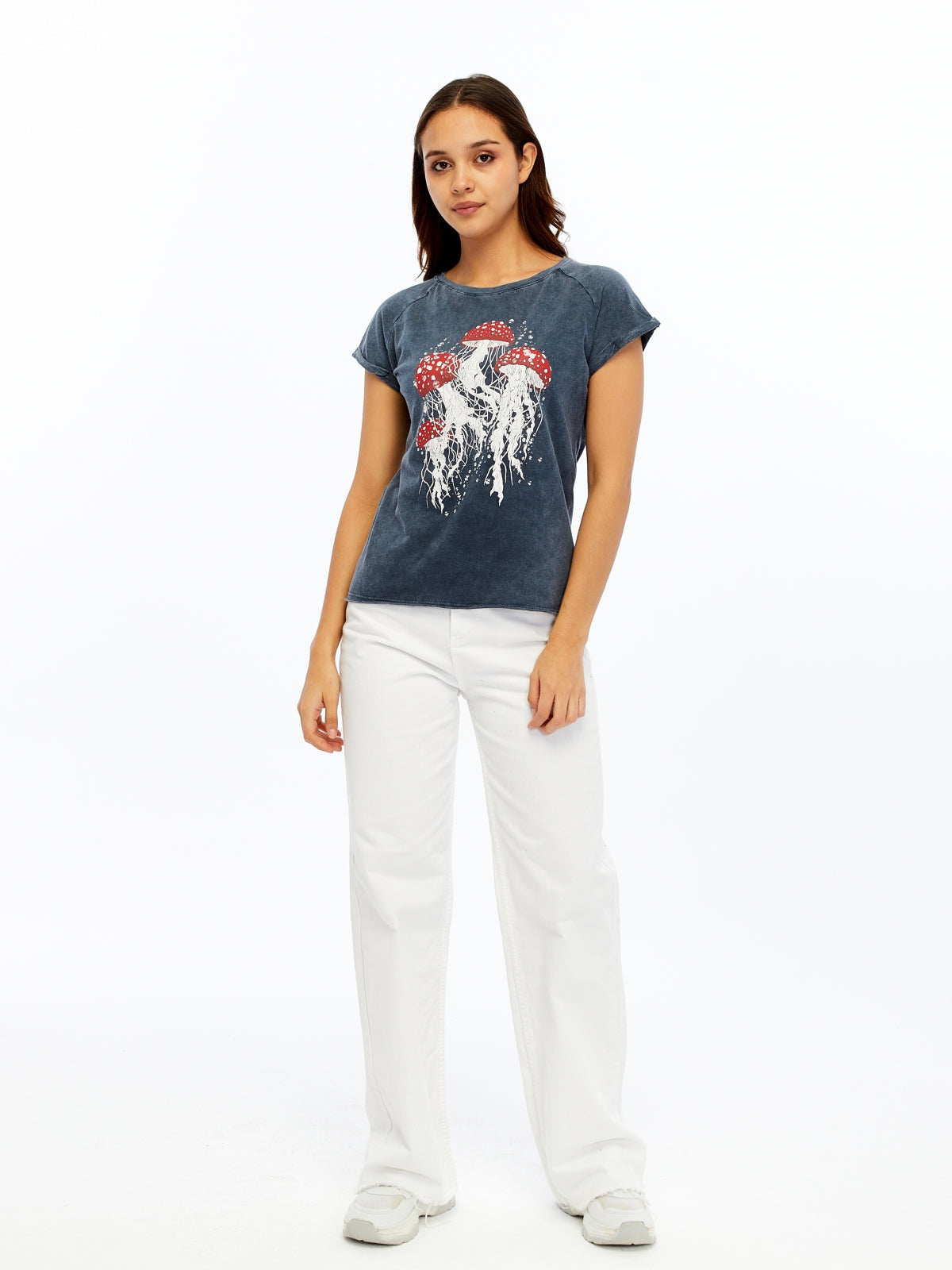 Stone Washed Jelly Fish Mushroom  Cotton Women T-shirt