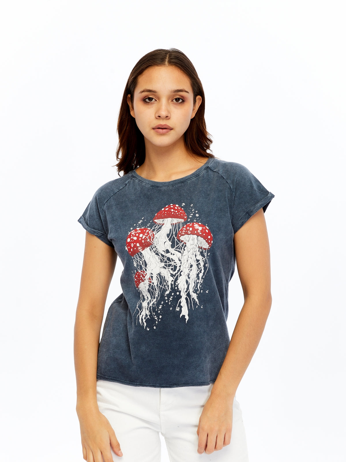 Stone Washed Jelly Fish Mushroom  Cotton Women T-shirt