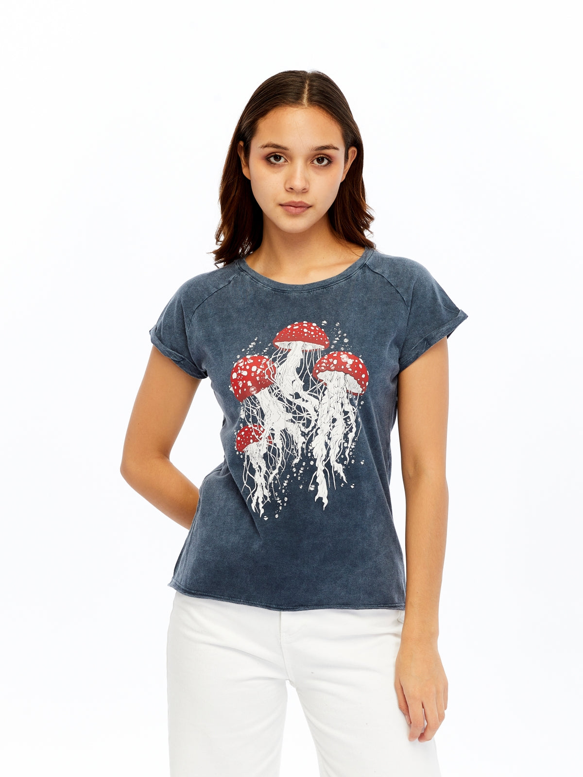 Stone Washed Jelly Fish Mushroom  Cotton Women T-shirt