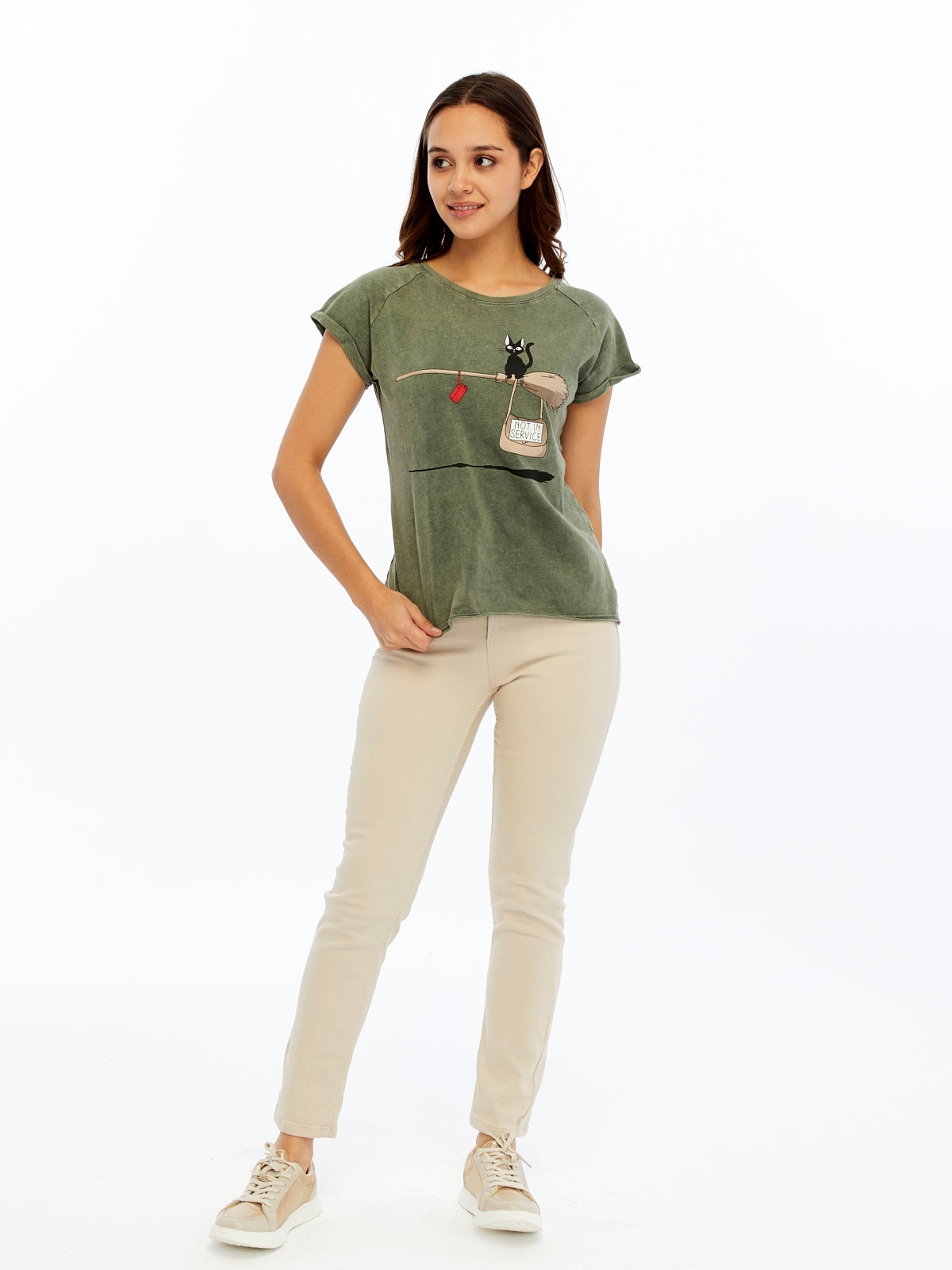 Stone washed Not in Service Black Cat  Printed Cotton Women T-shirt