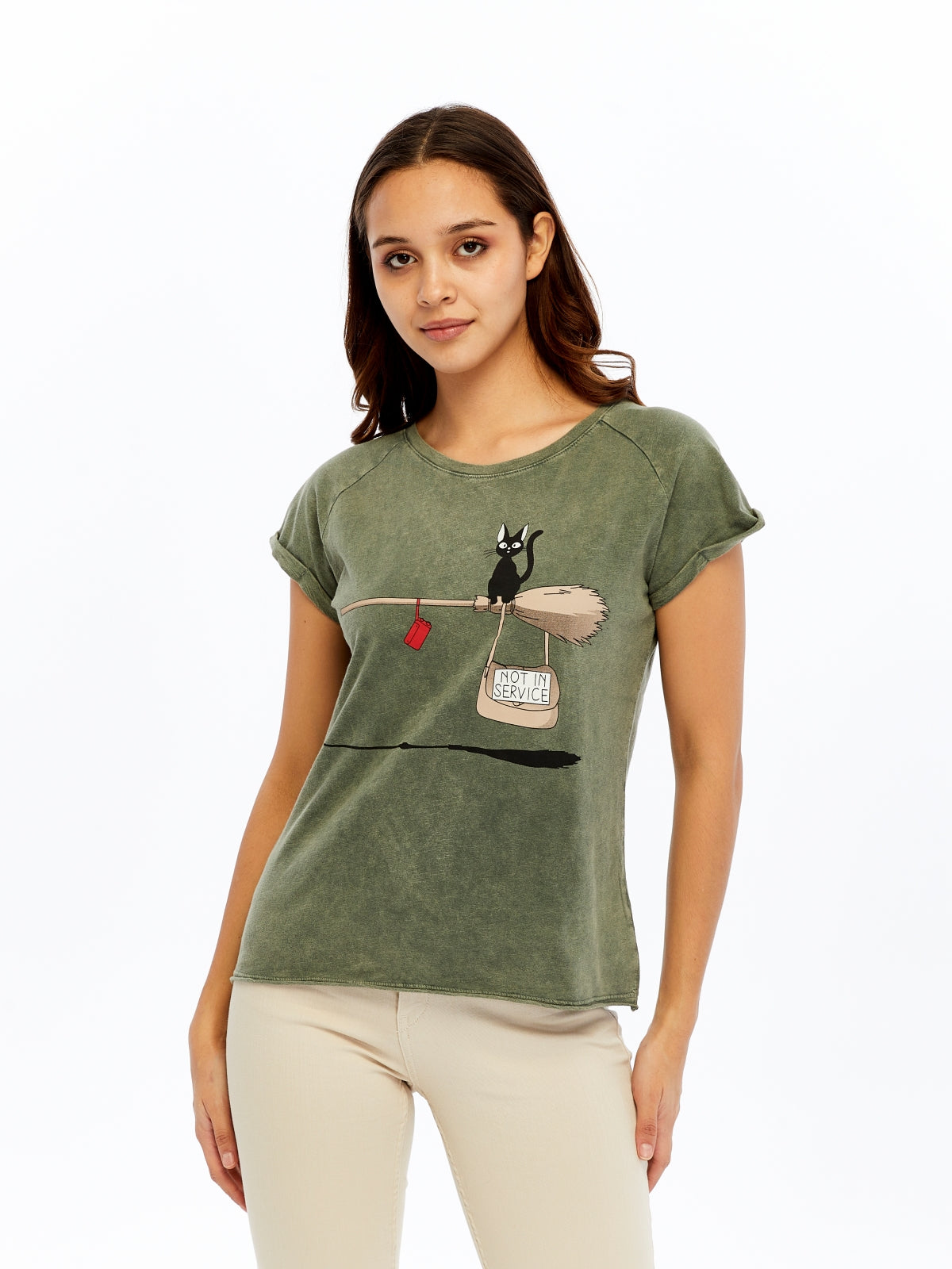 Stone washed Not in Service Black Cat  Printed Cotton Women T-shirt