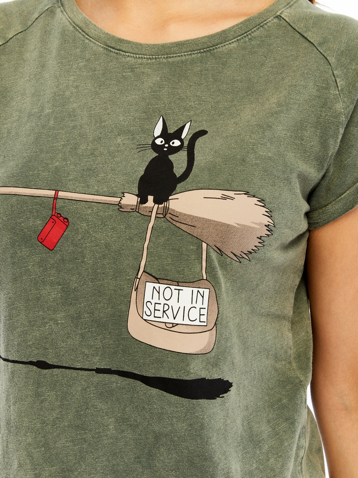 Stone washed Not in Service Black Cat  Printed Cotton Women T-shirt