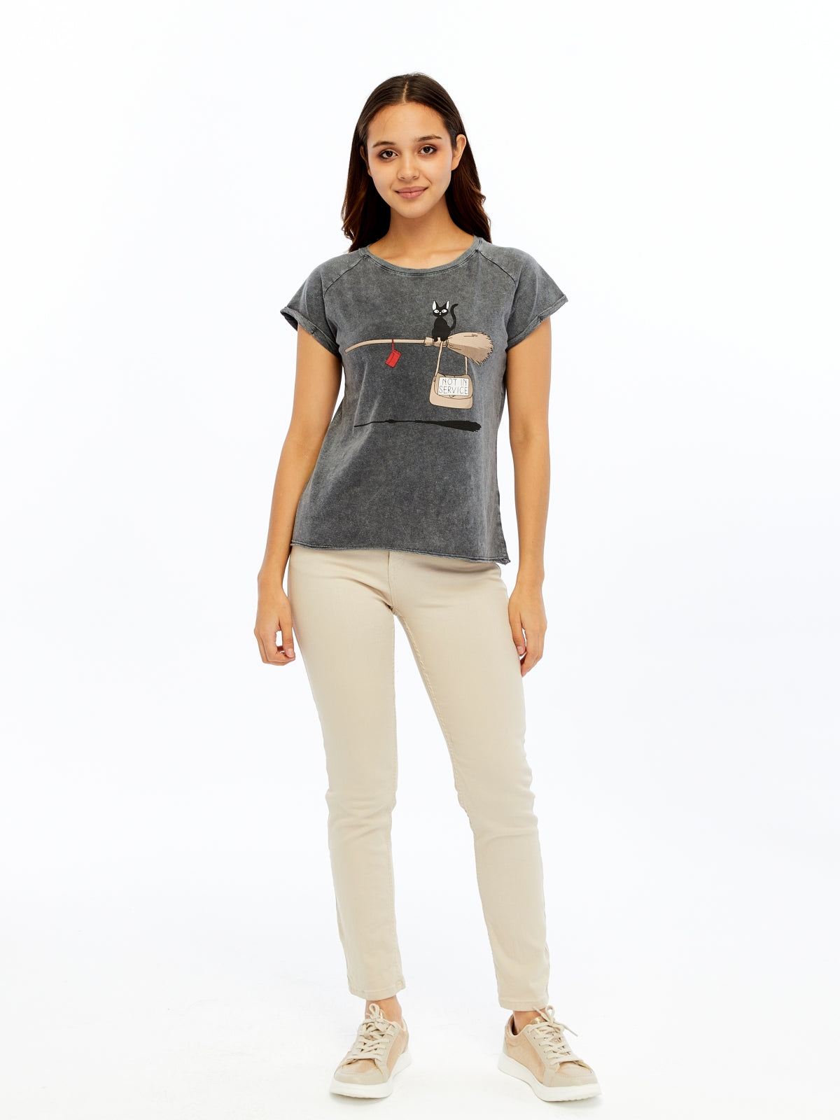 Stone washed Not in Service Black Cat  Printed Cotton Women T-shirt